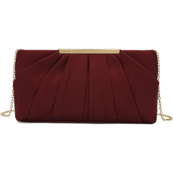 ⚡ Women's Elegant Evening Pleated Satin Simple Classy Dark Red Clutch Bag - Picture 3 of 7